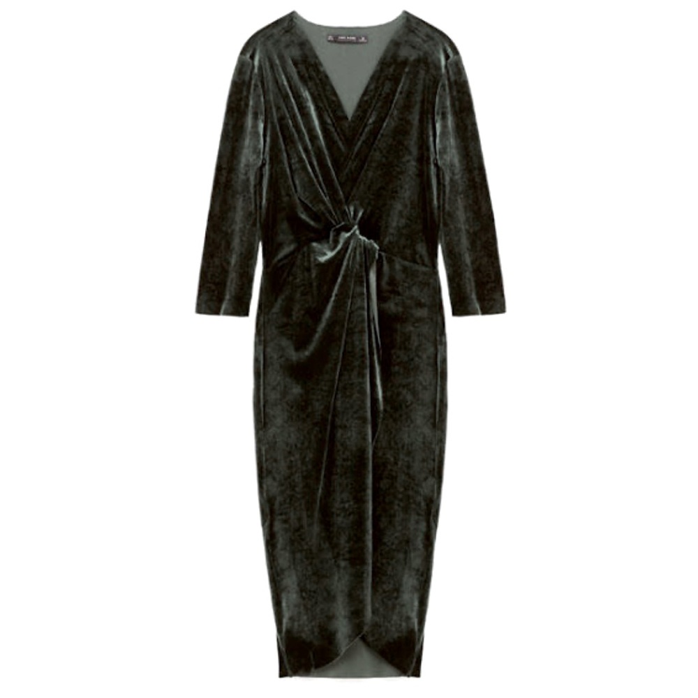 ZARA - DARK GREEN FAUX WRAP VELVET MIDI DRESS